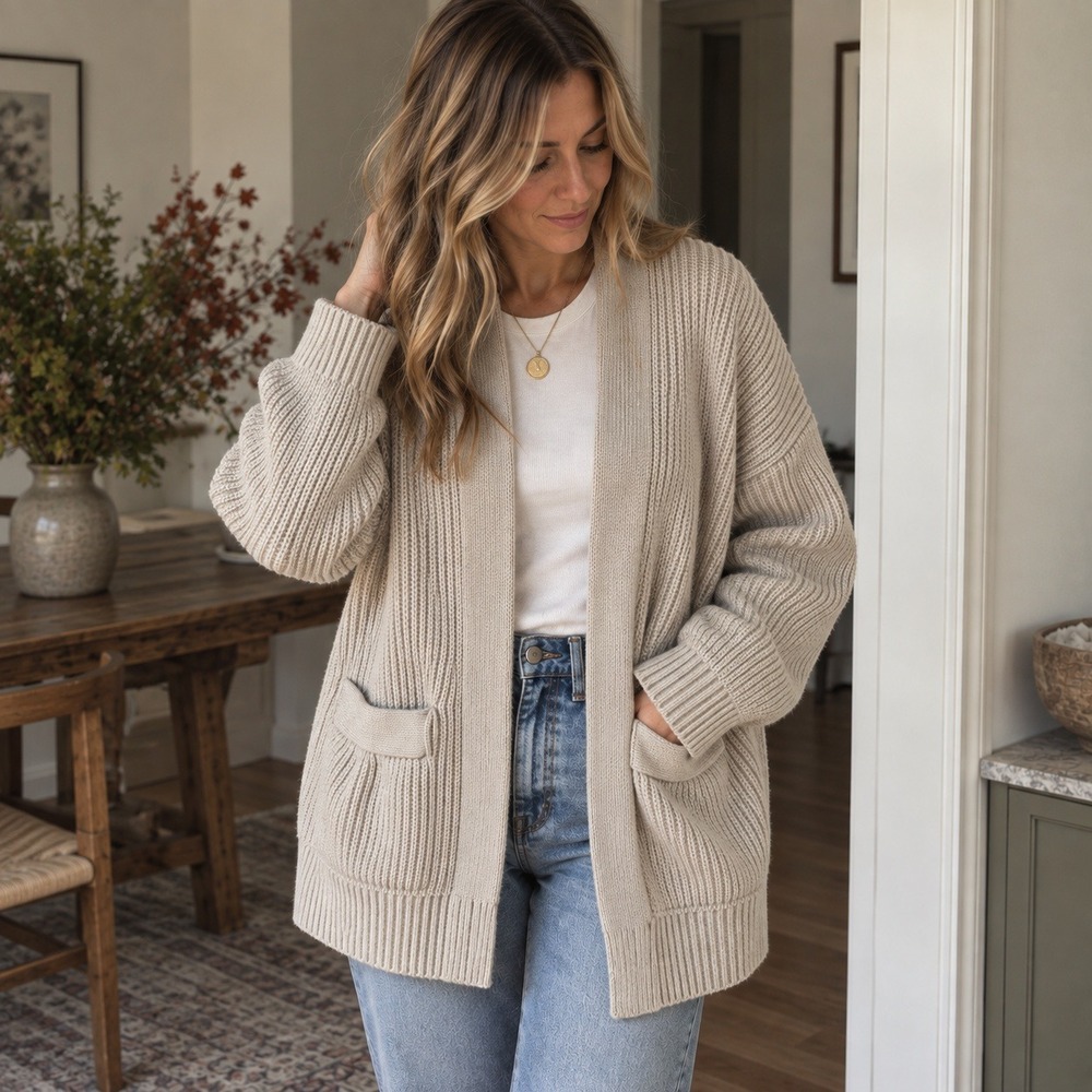 Everlane The Cotton Cardigan Beige Cream Ribbed Knit Open Front Sweater XL